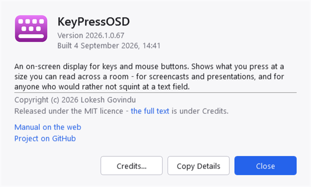 The About window: version, build date and three buttons