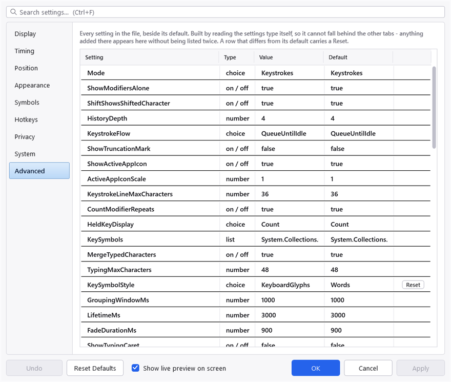 The Advanced tab: a grid of setting, type, value, default and Reset