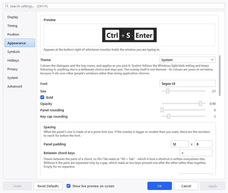 The Appearance tab with a live preview pinned above the settings