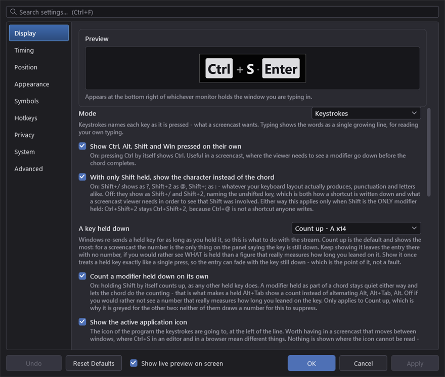 The settings window in a dark theme