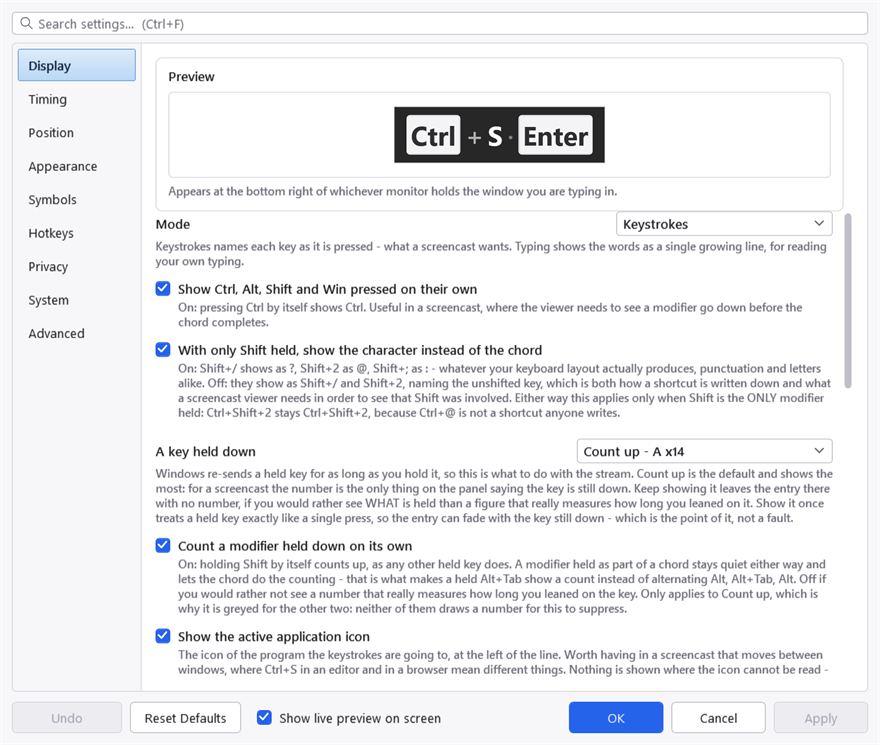 The settings window on the Display tab, with a search box above nine tabs