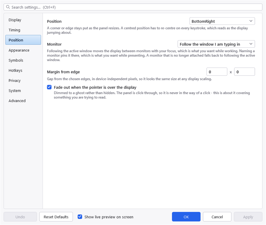 The Position tab: position, monitor, margin and the pointer setting