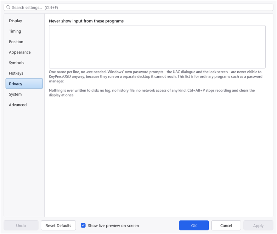 The Privacy tab with a multi-line box for excluded programs