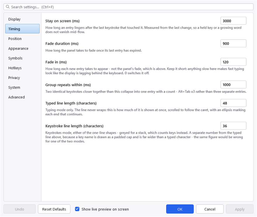 The Timing tab: how long entries stay, and the line lengths