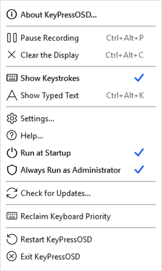 The tray menu with Always Run as Administrator ticked