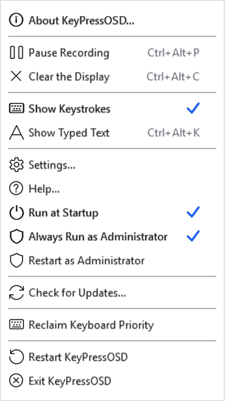 The tray menu with Always Run as Administrator ticked and Restart as Administrator beneath it