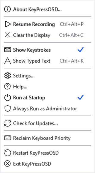 The tray menu while paused, the first item reading Resume Recording