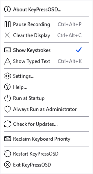 The tray menu, eleven items with glyphs and shortcut text