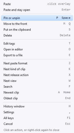 The paste-mode action menu: Paste, Pin, Move to the front, Delete, Edit tags and more, each with its key