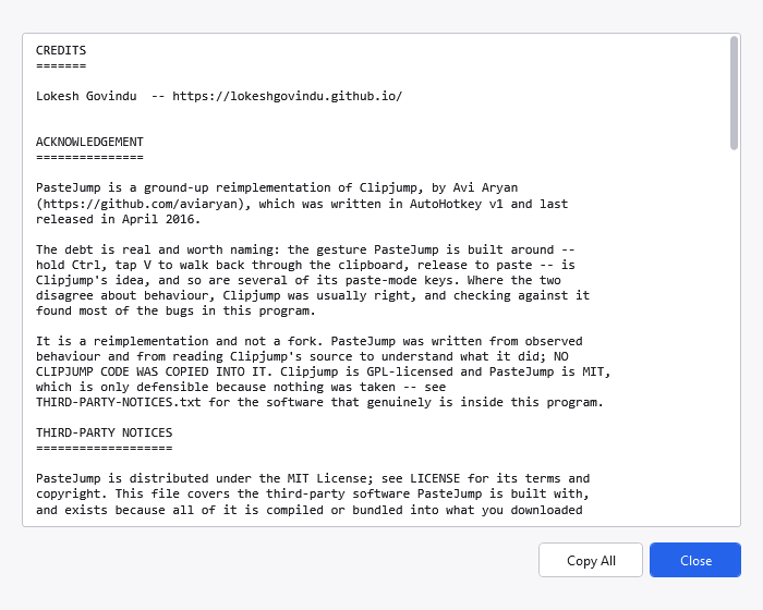 The Credits window, listing the third-party notices embedded in the build
