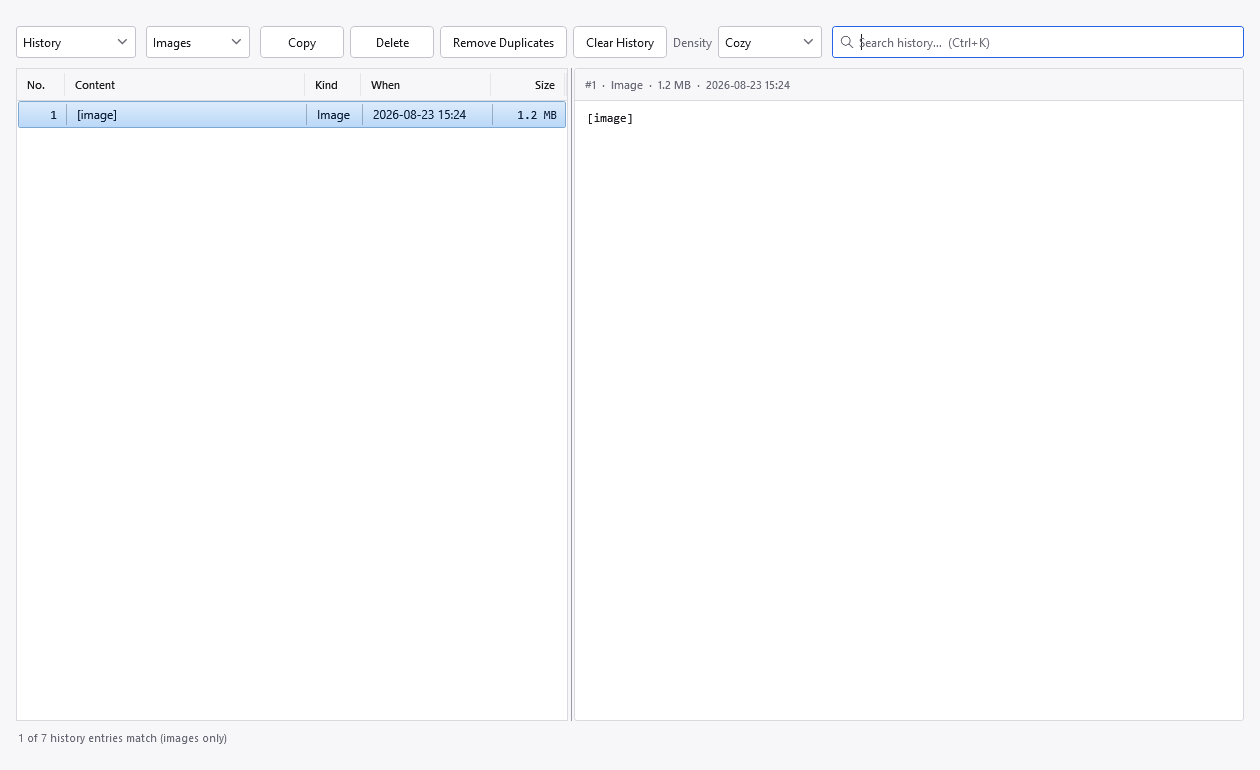 The history list narrowed to images, with the status line naming the filter
