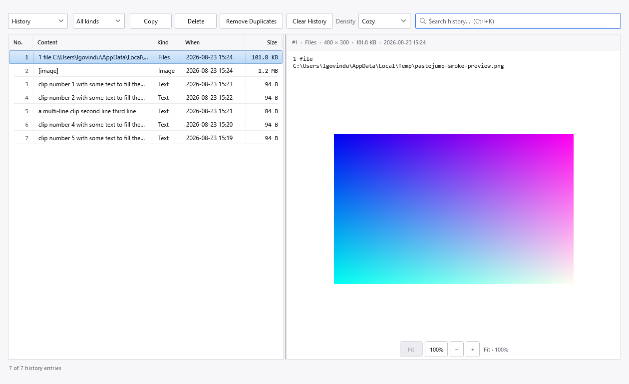The history window, showing the searchable archive with a preview pane