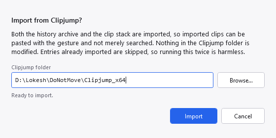 The import dialog, with a folder that does not exist