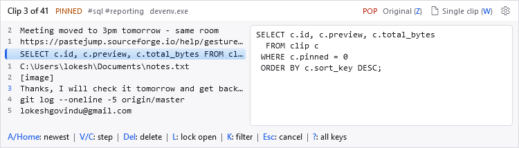The list view with the preview beside it: numbered rows on the left with the current clip highlighted among them, and its preview in a pane on the right