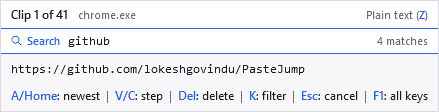 The overlay in search mode, showing the query and a match count