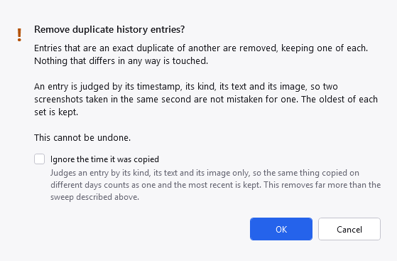 The Remove Duplicates confirmation, with the Ignore time option
