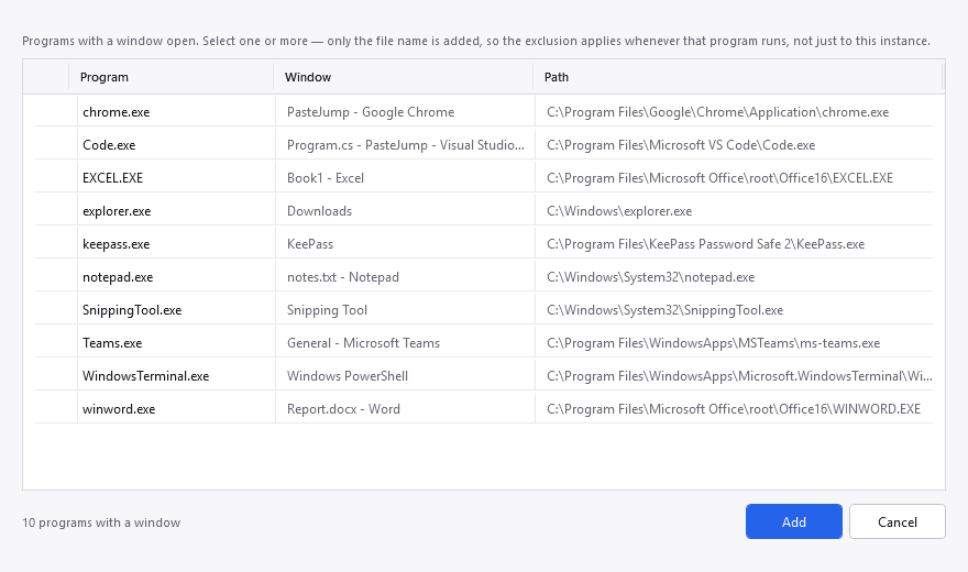 The picker listing programs that currently have a window