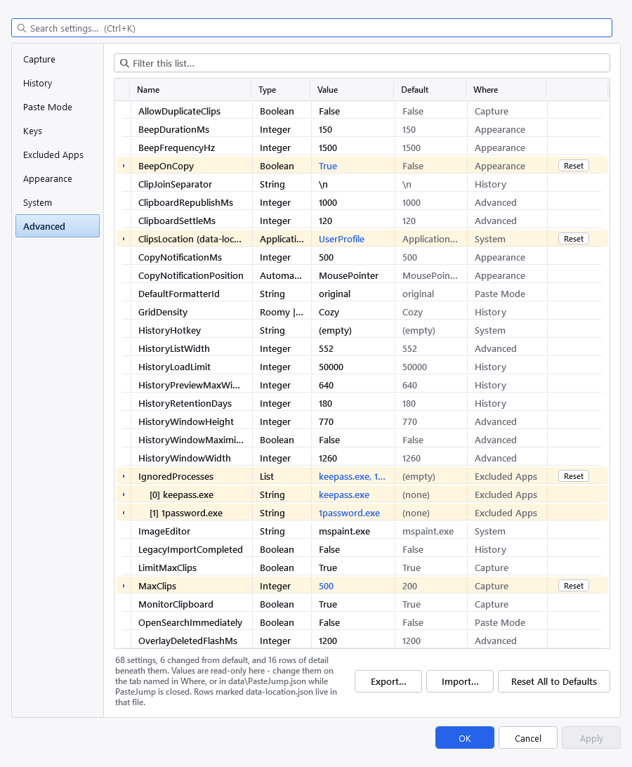 The Advanced tab of the Settings dialog