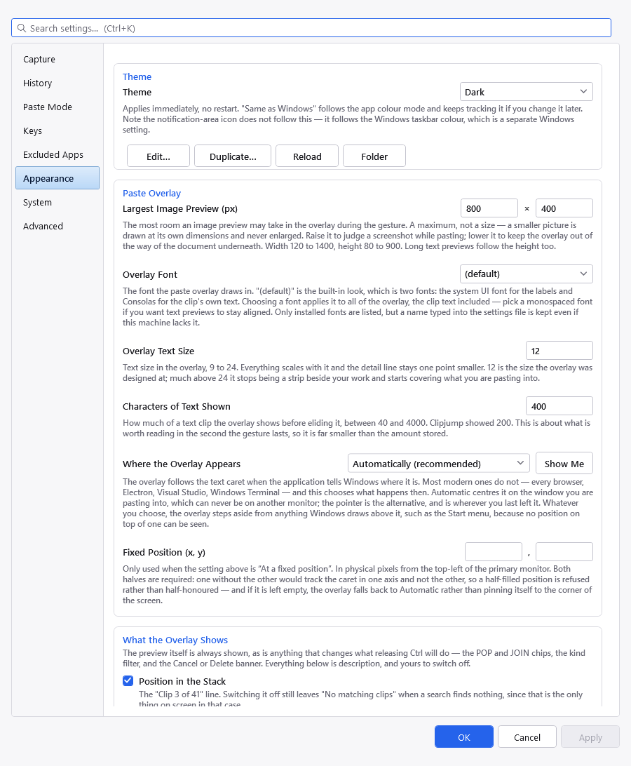 The Appearance tab of the Settings dialog