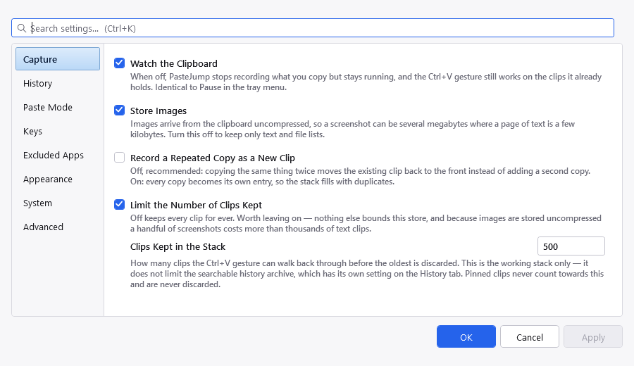 The Capture tab of the Settings dialog