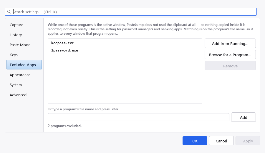 The Excluded Apps tab of the Settings dialog