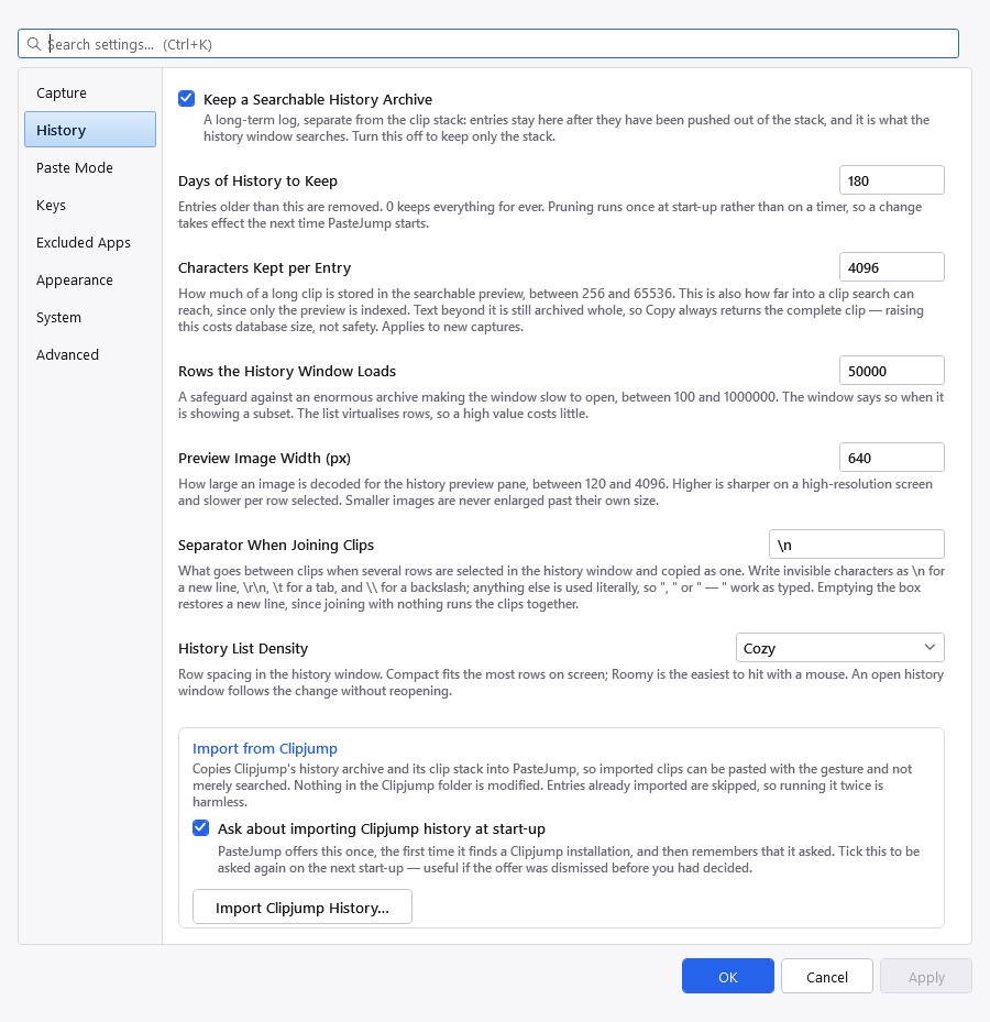 The History tab of the Settings dialog