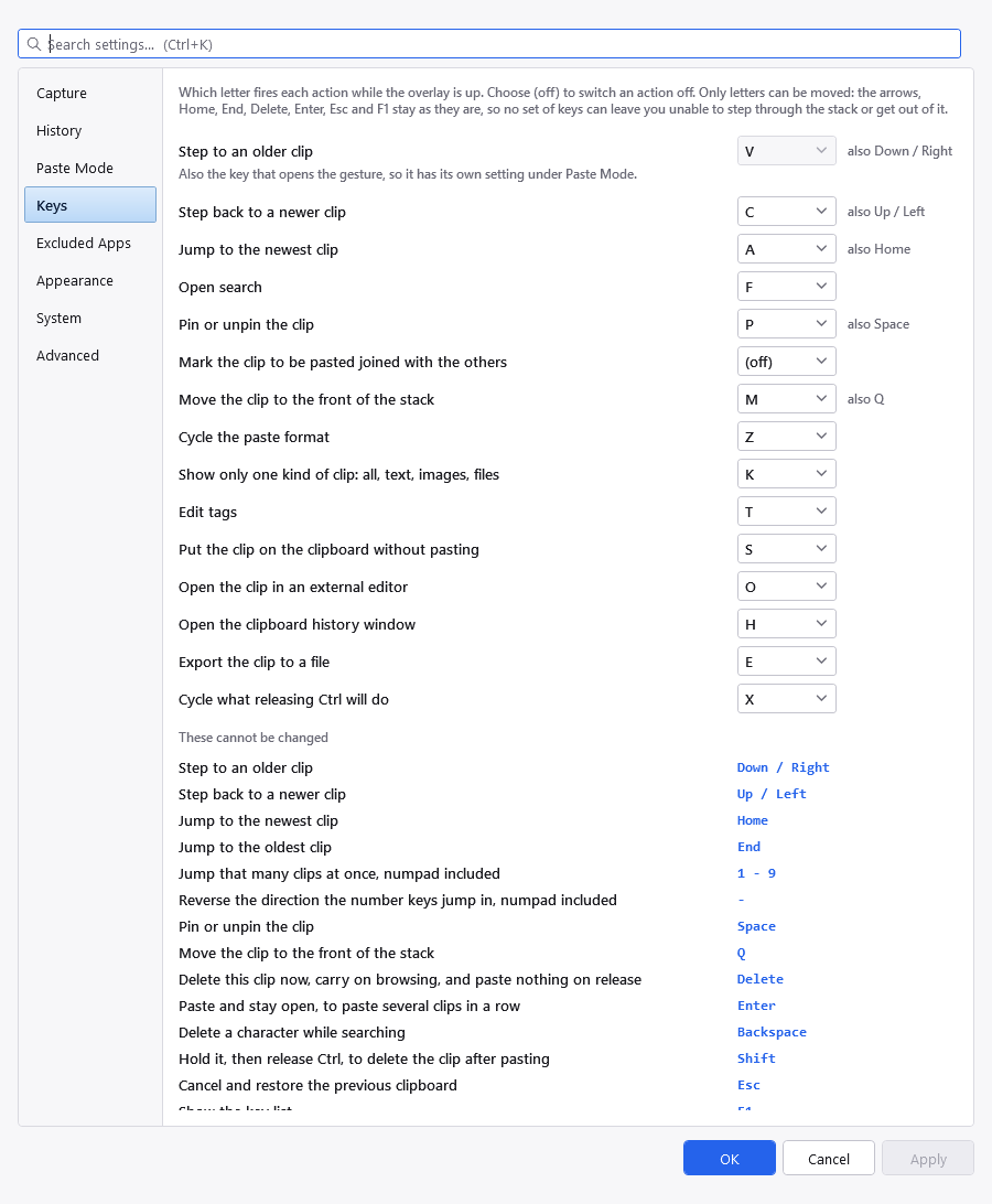 The Keys tab of the Settings dialog