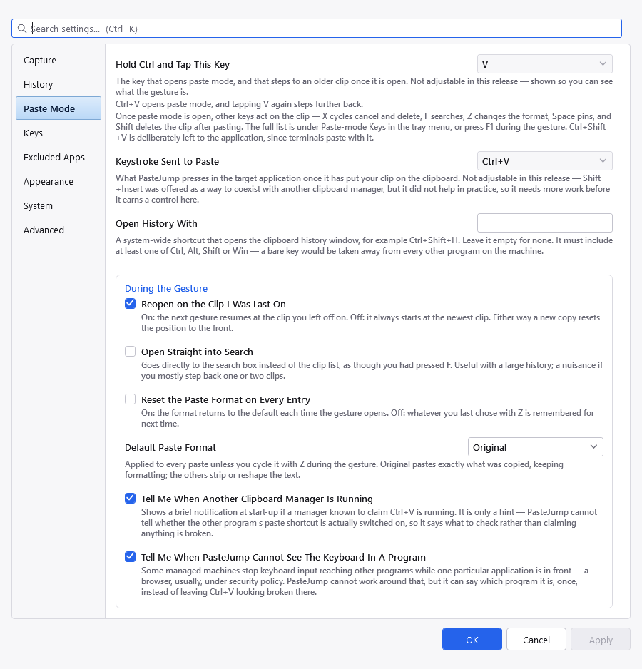 The Paste Mode tab of the Settings dialog