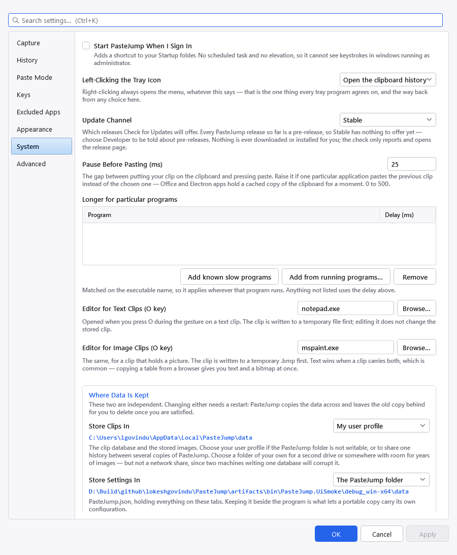 The System tab of the Settings dialog