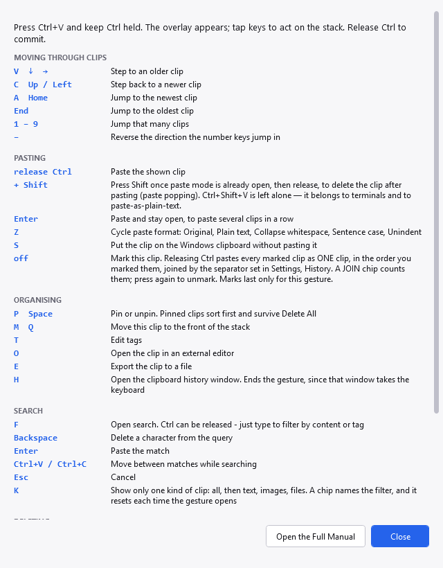 The paste-mode key list window