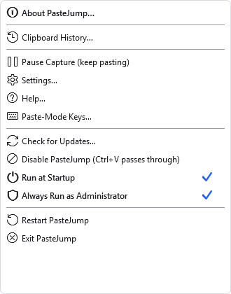 The tray menu, with Run at Startup and Always Run as Administrator ticked